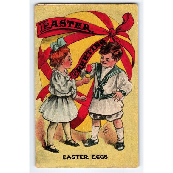 Vintage Easter Greeting Postcard Children with Easter Eggs Red Ribbon Antique - Picture 1 of 2